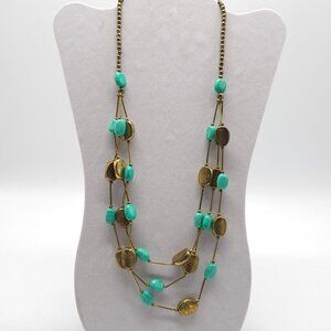 Vintage Multi-Strand Brass Turquoise Bead Necklace With Lobster Clasp Closure 25